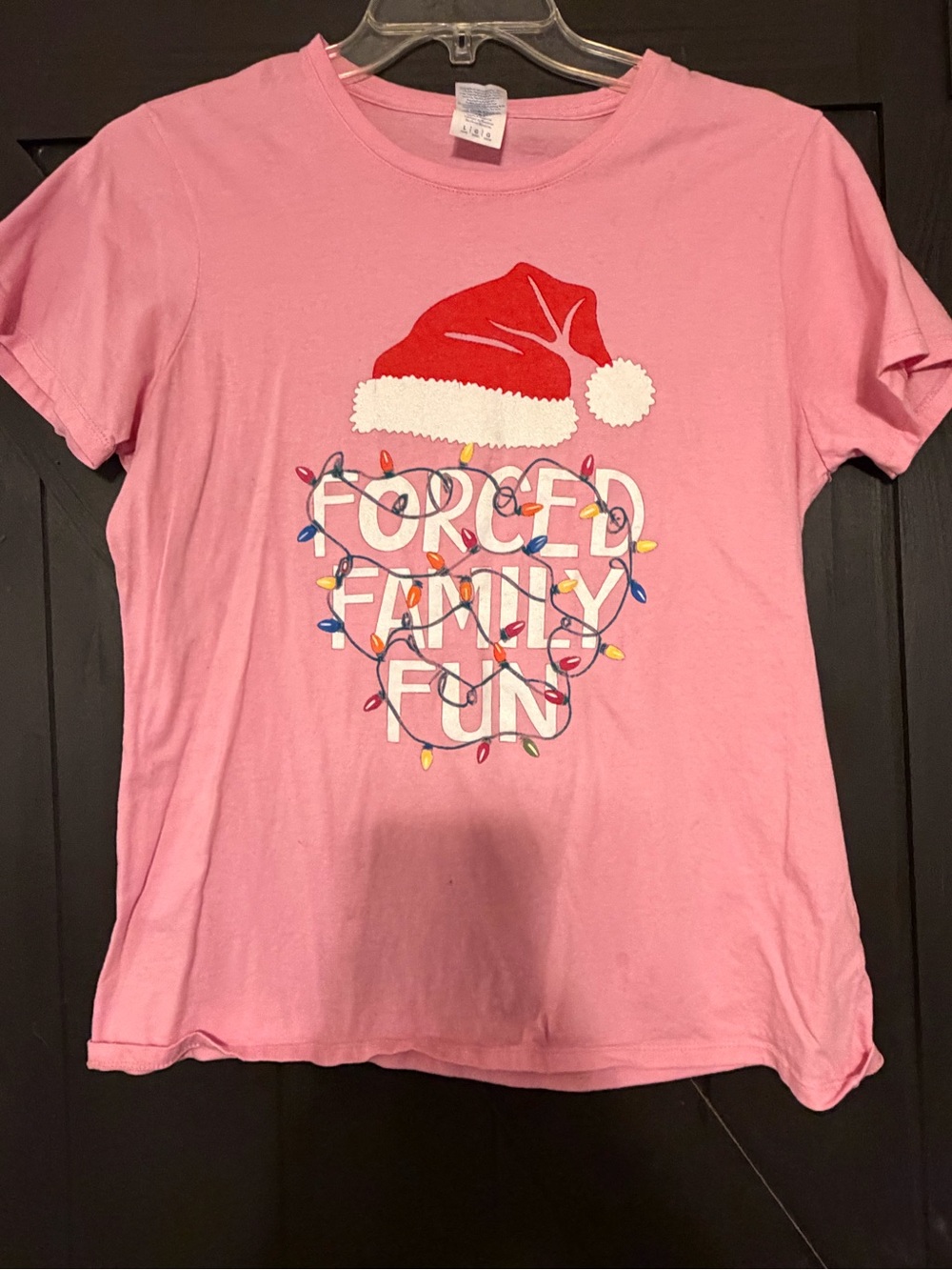 Port and Company Pink "Forced Family Fun" Holiday Tee with Red Santa Hat